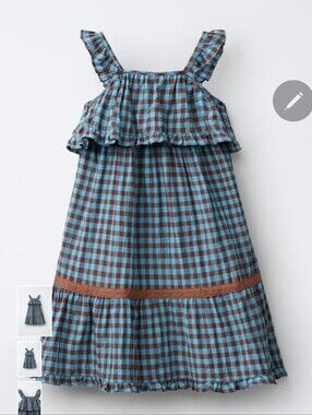 Zara Blue and Brown Gingham Ruffle Strap Dress